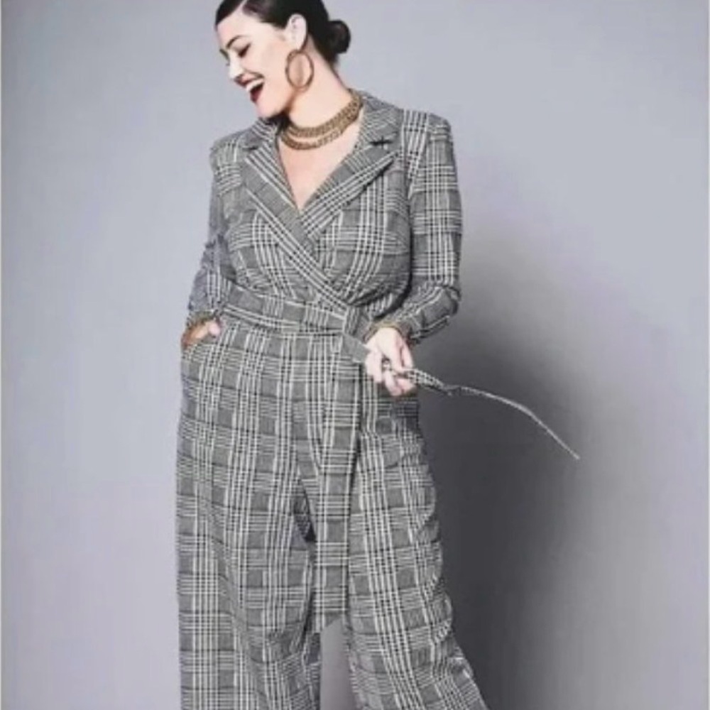 Eloquii Black and White Checkered Wide-Leg Jumpsuit